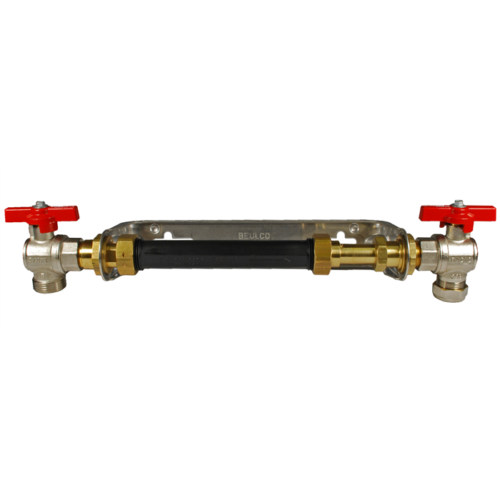 Rörkomponent med två röda ventiler och en flexibel koppling.