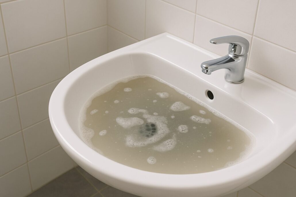 Handfat med stopp i avlopp där smutsigt vatten inte rinner undan